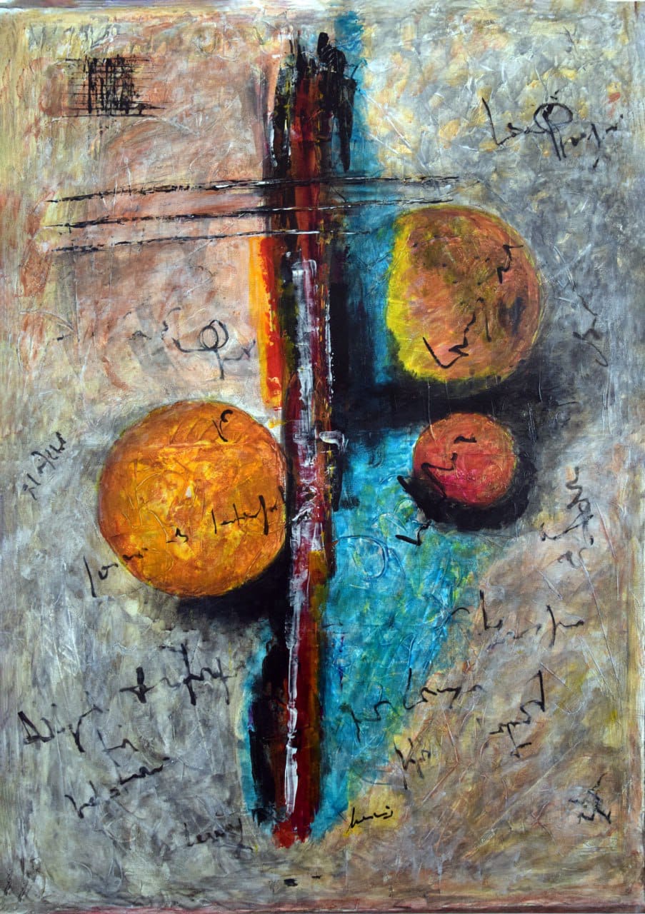 Quadro astratto con forme e scritte