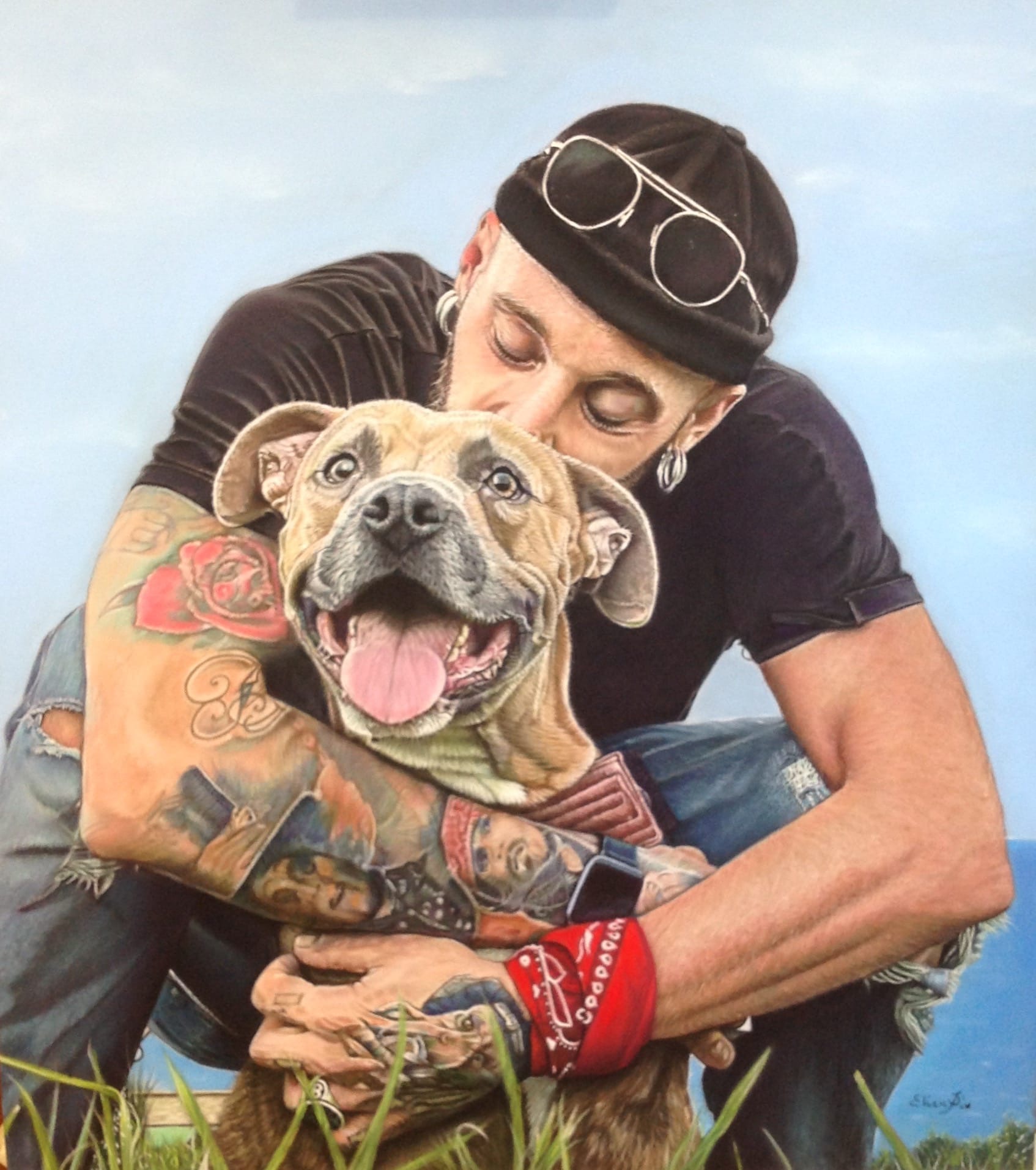 Uomo con il suo cane. Pastello su carta.