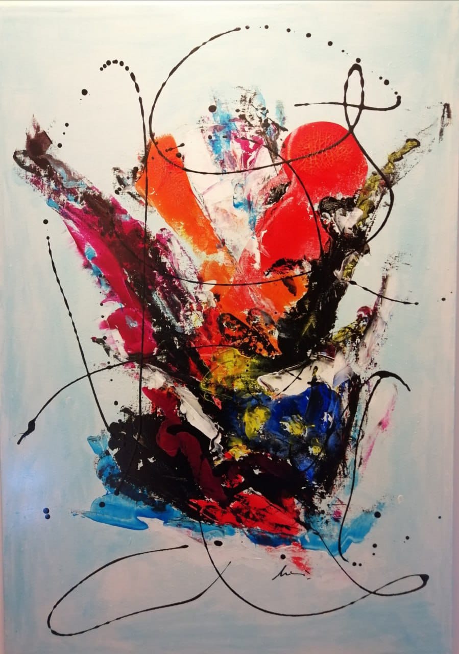 Quadro astratto sui toni del blu e del rosso