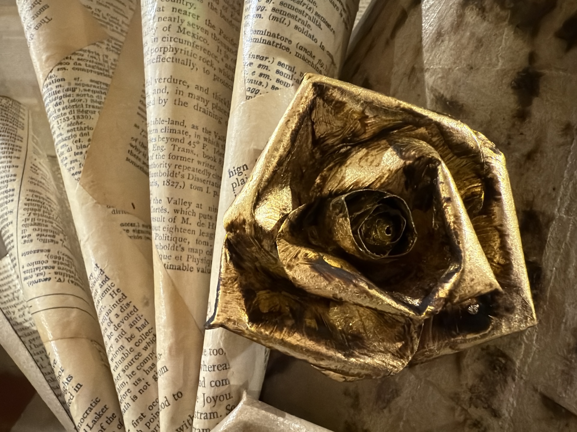 Rosa di cartapesta e pagine di libri antichi