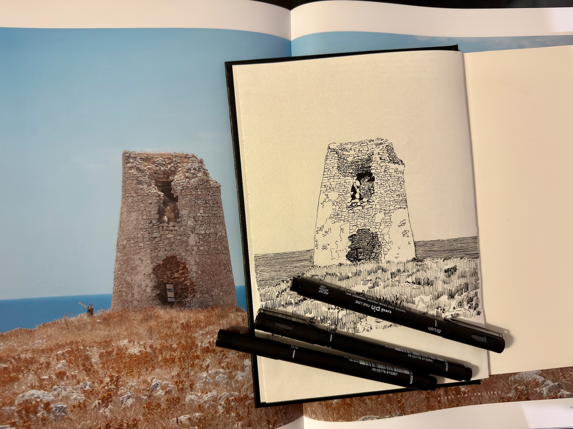 Disegno a inchiostro accanto a un libro con immagini