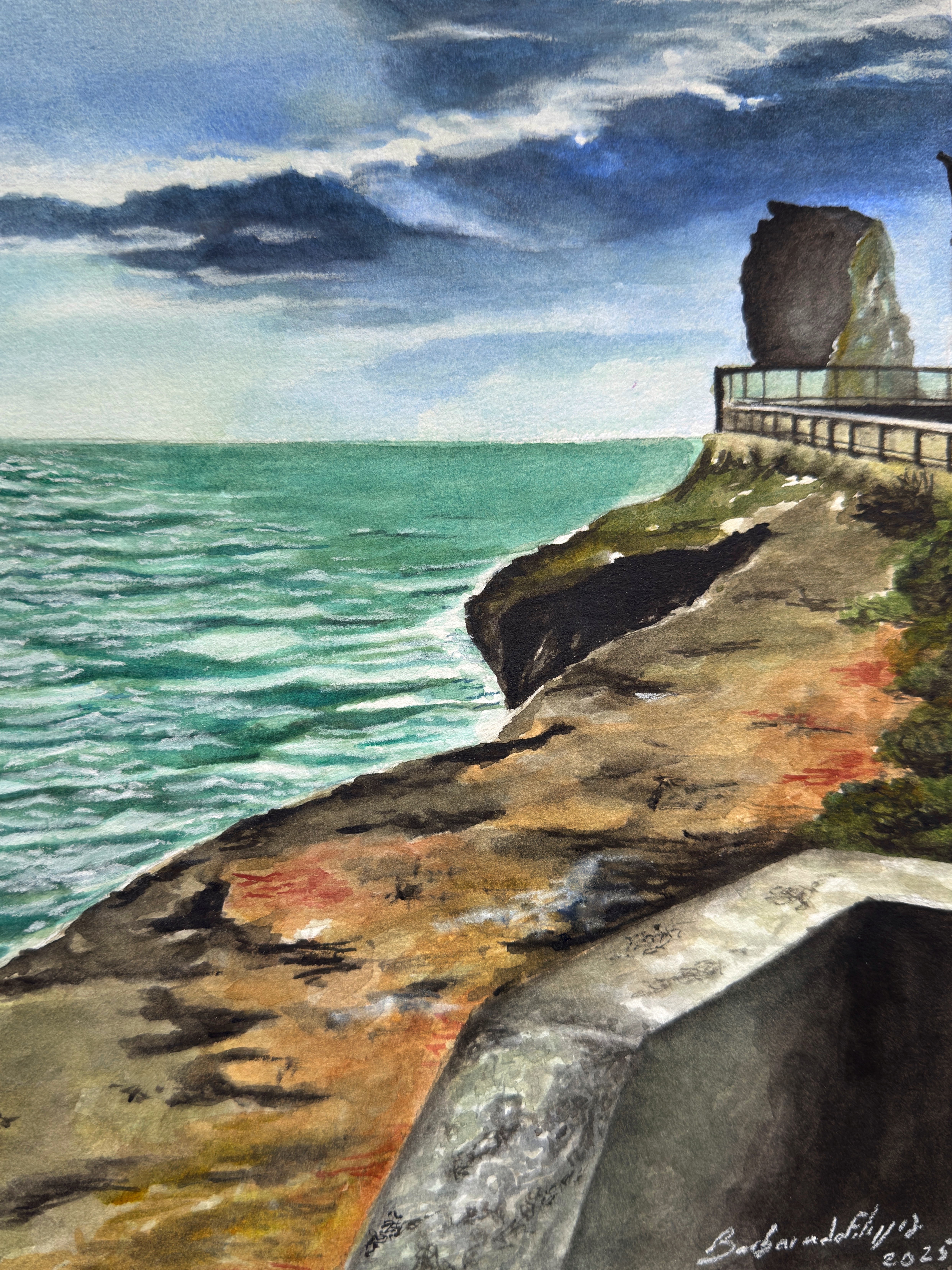 Acquerello raffigurante mare del Salento e scogliera