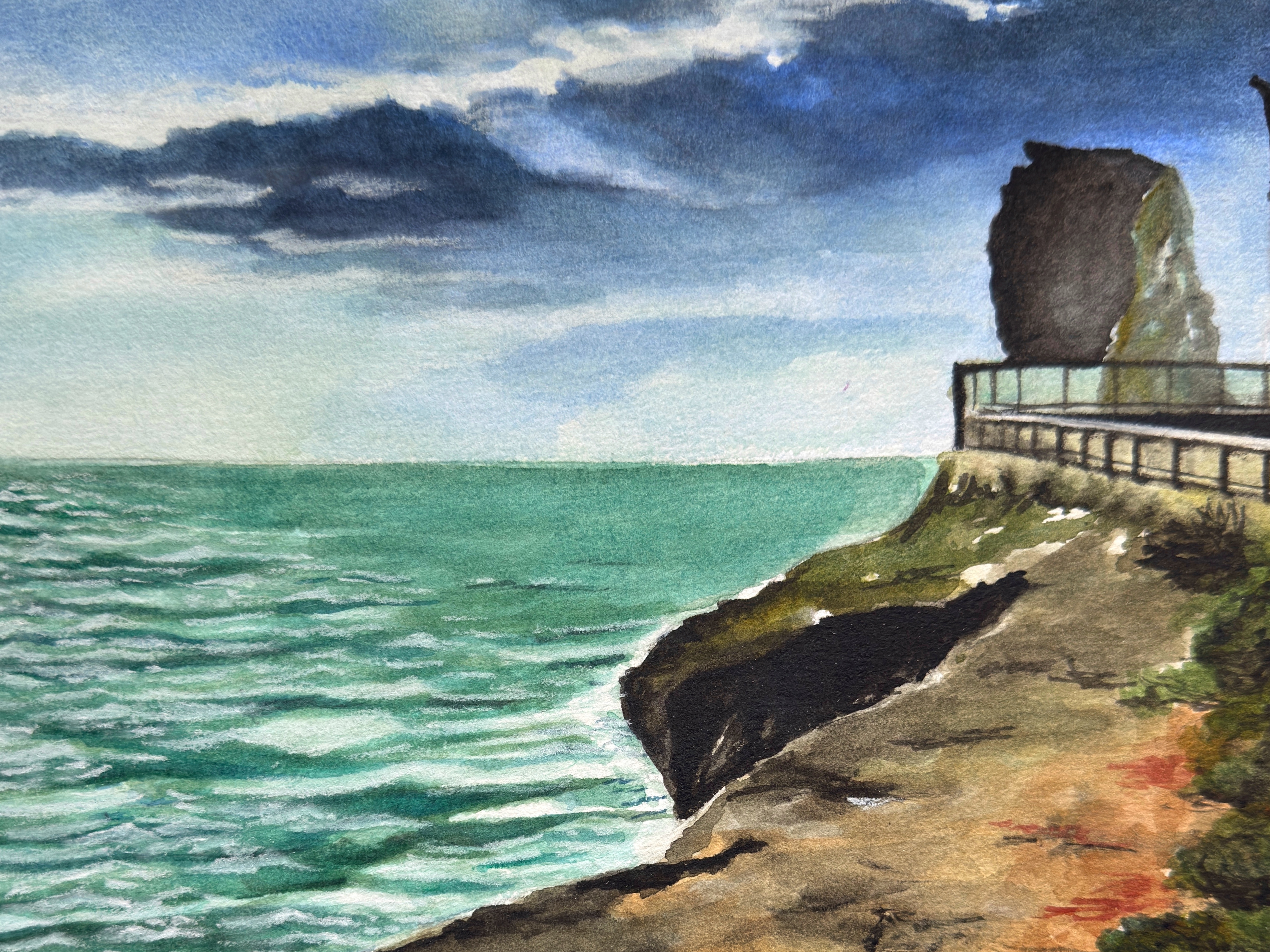 Acquerello raffigurante il mare del Salento e una scogliera