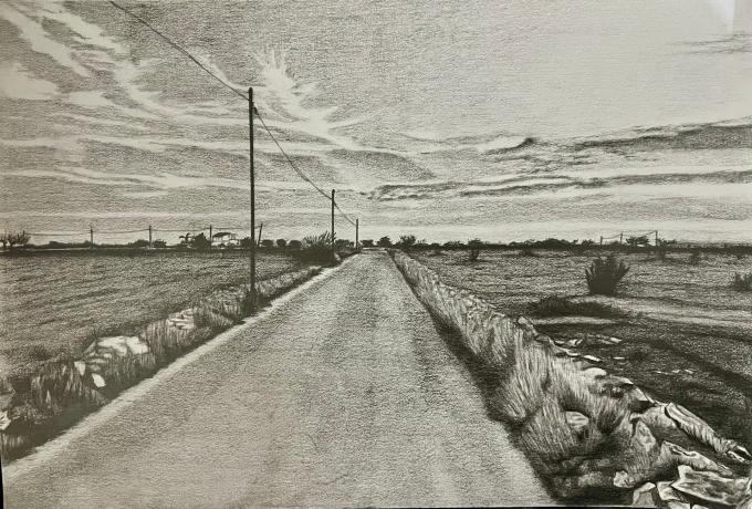 Disegno a matita di Barbara De Filippis con strada di campagna salentina