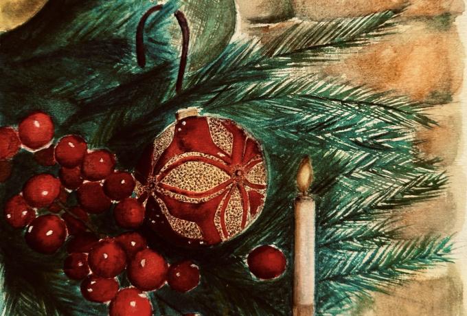 Decorazioni natalizie ad acquerello. Bacche, palline di Natale e candela.