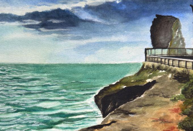 Acquerello raffigurante il mare del Salento e una scogliera